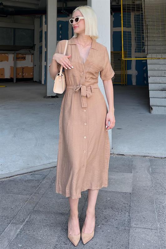 MDX Camel Shirt Collar Pocket Detailed Buttoned Long Dress MG2083 - Edinburg