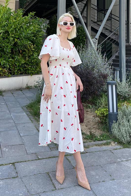 MDX White Patterned Midi Length Women's Dress Mg2475 - Alenquer