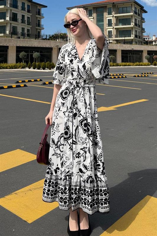 MDX Black Wrap Neck Patterned Women's Dress Mg2474 - Amsterdam