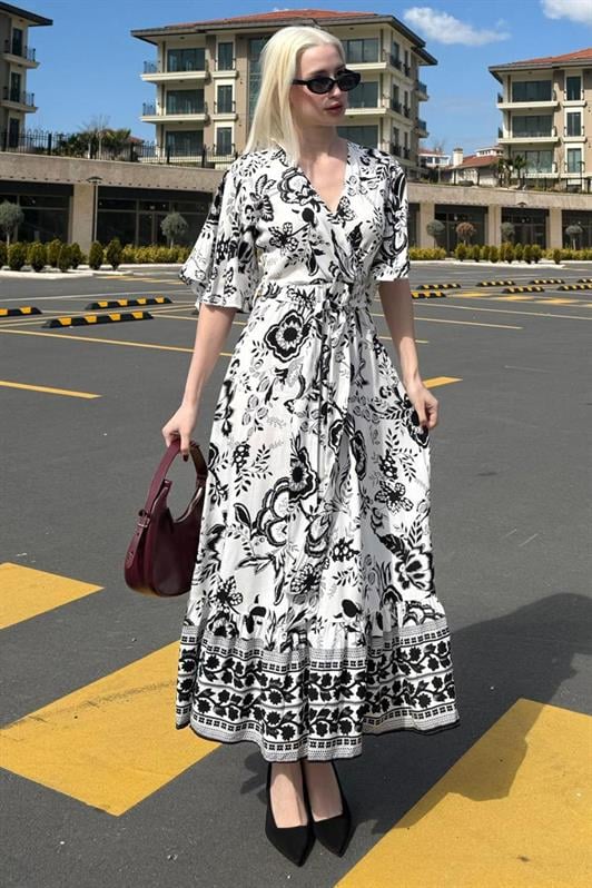MDX Black Wrap Neck Patterned Women's Dress Mg2474 - Amsterdam