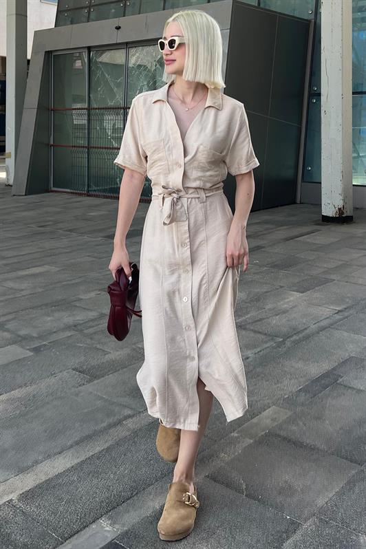 MDX Beige Shirt Collar Pocket Detailed Buttoned Long Dress MG2083 - Lamía