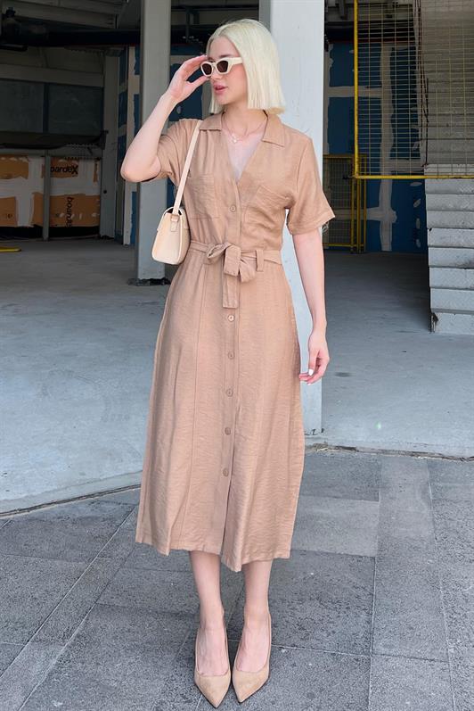 MDX Camel Shirt Collar Pocket Detailed Buttoned Long Dress MG2083 - Edinburg