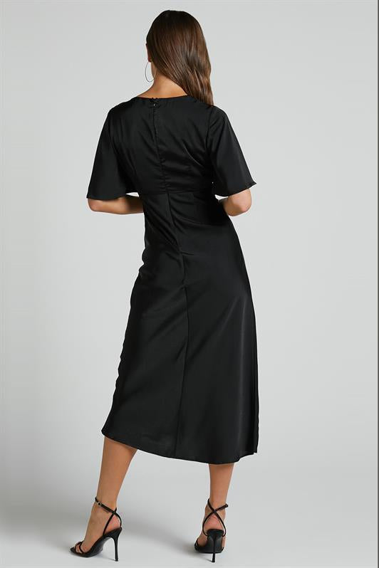 MDX Black Midi Length Short Sleeve Satin Dress MG2013 - Orlando