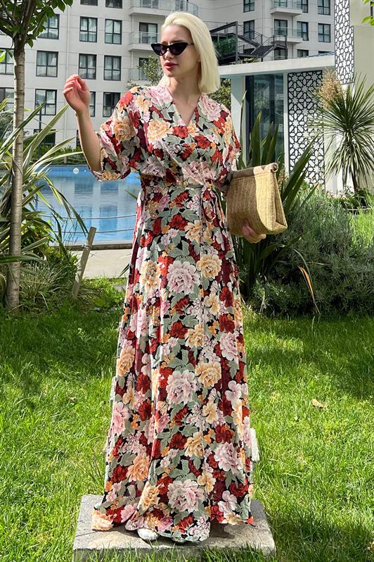 MDX Tile Flower Patterned Slit Detailed Long Dress MG2116 - Hillsborough