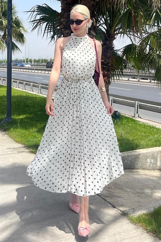 MDX Broken White Polka Dot Sleeveless Halter Neck Dress MG2134 - Constanţa