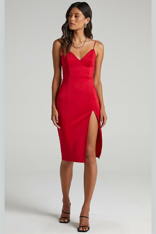 MDX Red V-Neck Satin Dress with Slit MG1742 - Mission Viejo