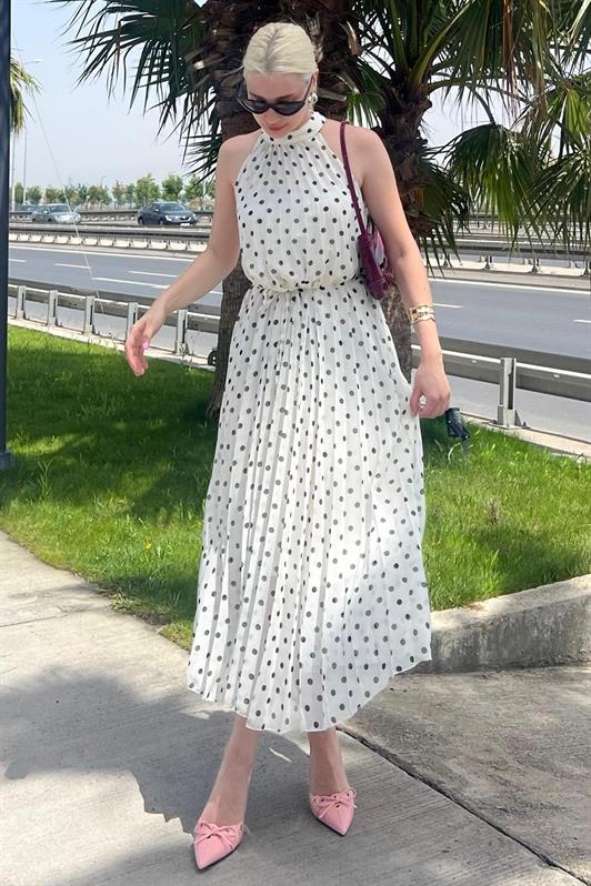 MDX Broken White Polka Dot Sleeveless Halter Neck Dress MG2134 - Constanţa