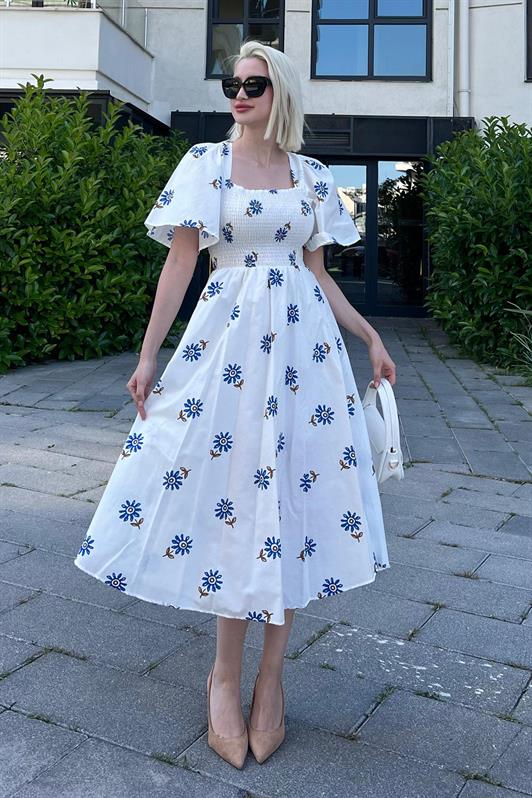 MDX Blue Patterned Elastic Waist Midi Dress - MG2101 - Southampton