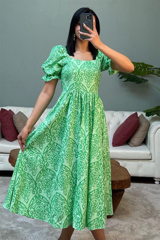 MDX Green Balloon Sleeve Patterned Midi Dress Mg2419 for Women - Ciudad Madero