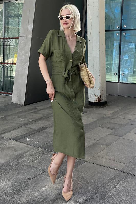 MDX Green Shirt Collar Pocket Detailed Buttoned Long Dress MG2083 - Torreón