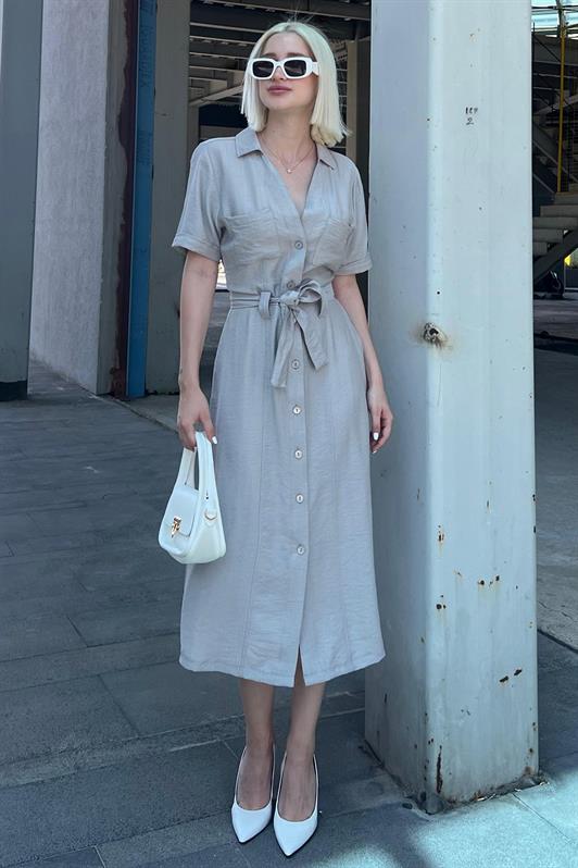 MDX Painted Gray Shirt Collar Pocket Detailed Buttoned Long Dress MG2083 - Kankakee