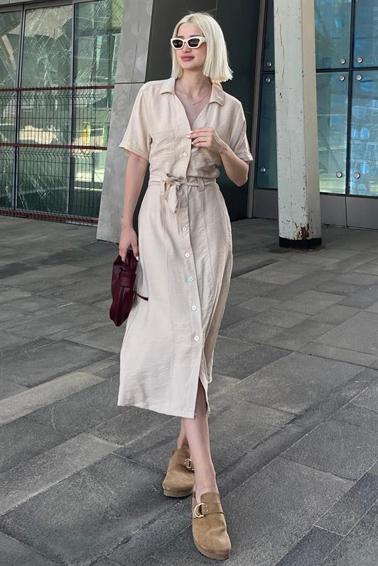 MDX Beige Shirt Collar Pocket Detailed Buttoned Long Dress MG2083 - Lamía