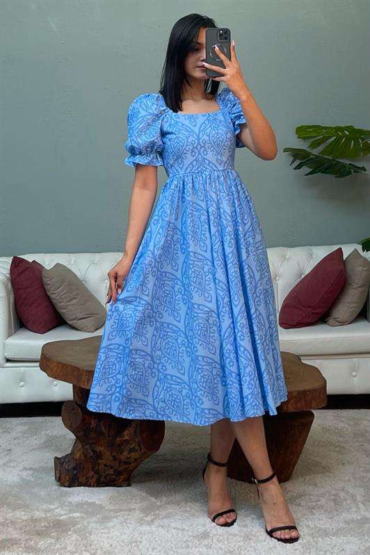 MDX Blue Balloon Sleeve Patterned Midi Women's Dress Mg2419 - Jaén