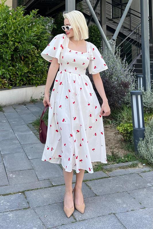 MDX White Patterned Midi Length Women's Dress Mg2475 - Alenquer