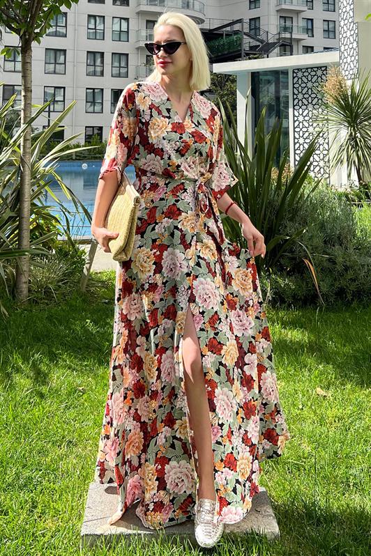 MDX Tile Flower Patterned Slit Detailed Long Dress MG2116 - Hillsborough