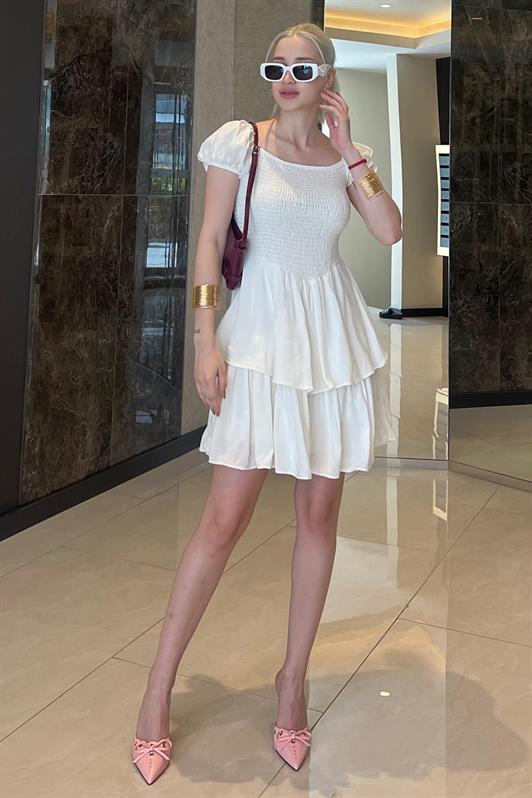 MDX White Tiered Skirt Dress with Gathered Waist MG2103 - Pomigliano d’Arco