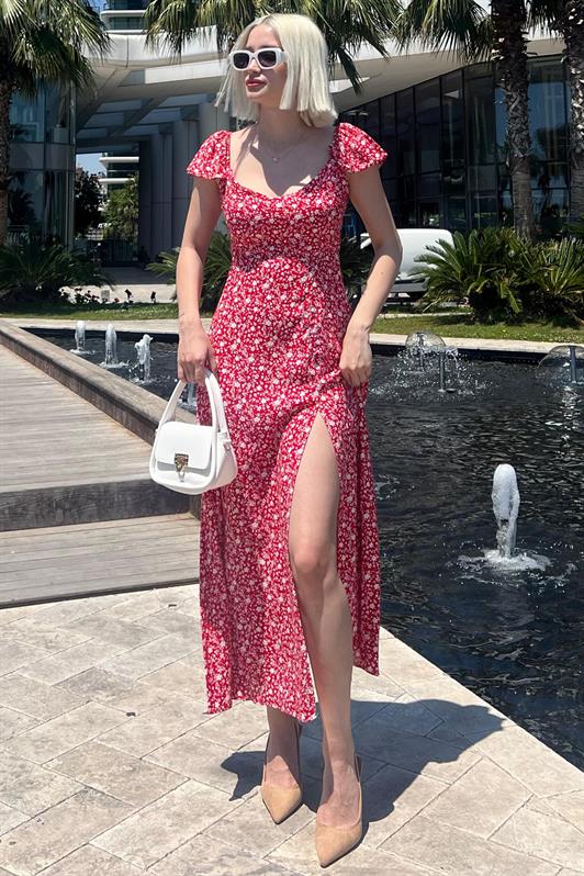 MDX Red Patterned Slit Long Dress MG2004 - Kenton
