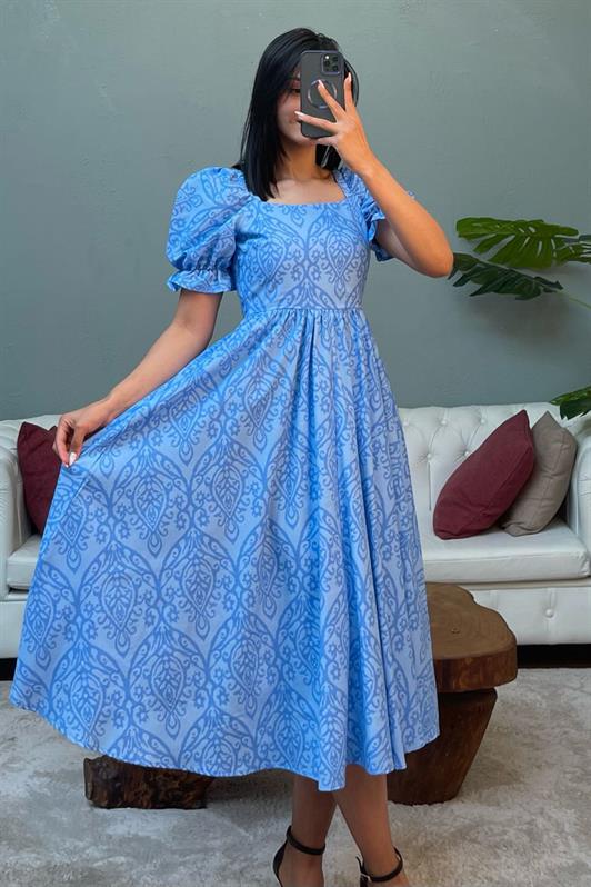 MDX Blue Balloon Sleeve Patterned Midi Women's Dress Mg2419 - Jaén