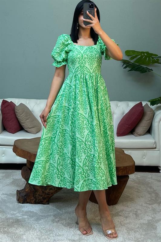 MDX Green Balloon Sleeve Patterned Midi Dress Mg2419 for Women - Ciudad Madero
