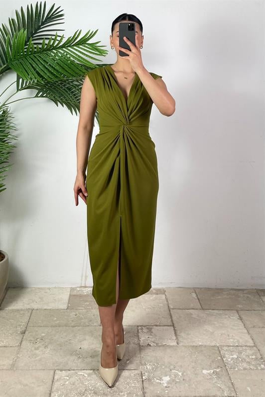 MDX Oil Green Slit Detailed Double Breasted Collar Women's Dress Mg2417 - Viareggio