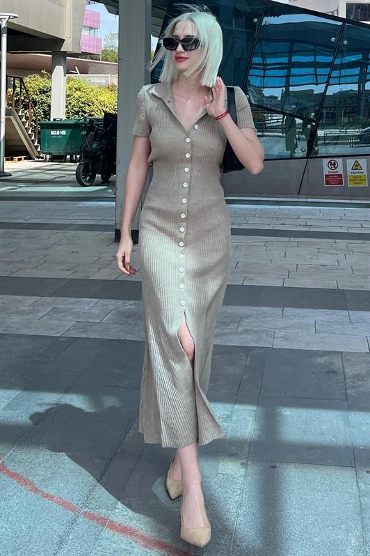 MDX Mink Buttoned V-Neck Long Knit Dress MG2078 - Odesa