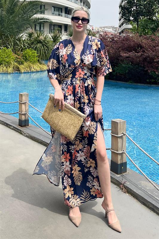MDX Indigo Patterned Slit Detail Long Dress MG1698 - Hückelhoven