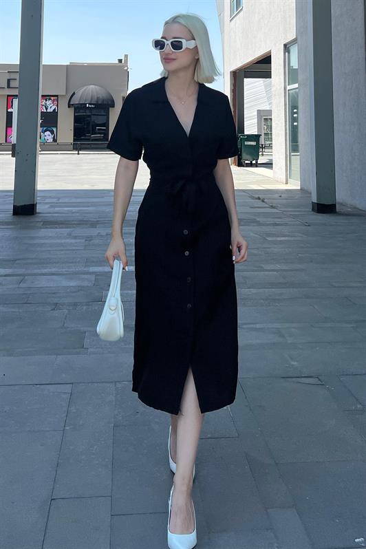 MDX Black Shirt Collar Pocket Detailed Buttoned Long Dress MG2083 - Gori