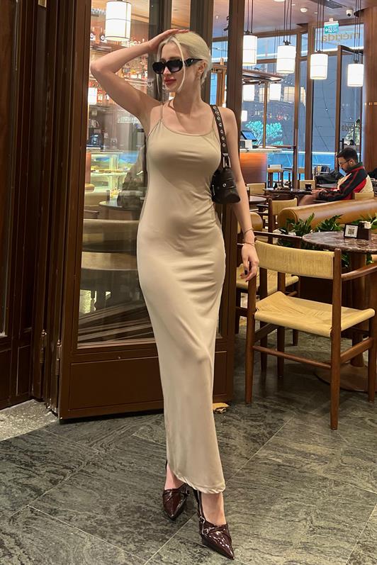MDX Beige Long Sleeve Basic Dress MG1852 - Scafati