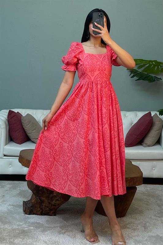 MDX Red Balloon Sleeve Patterned Midi Length Women's Dress Mg2419 - Salisbury