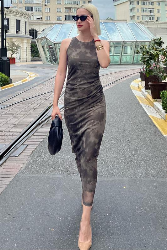 MDX Haki Patterned Mesh High Neck Maxi Dress MG2097 - Anchorage
