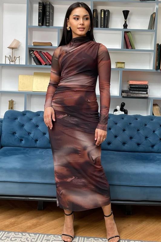 MDX Brown Patterned Long Sleeve Tulle Dress MG2008 - Viareggio