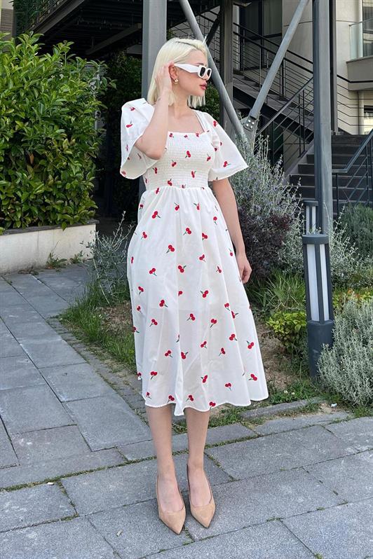 MDX White Patterned Midi Length Women's Dress Mg2475 - Alenquer