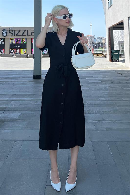 MDX Black Shirt Collar Pocket Detailed Buttoned Long Dress MG2083 - Gori