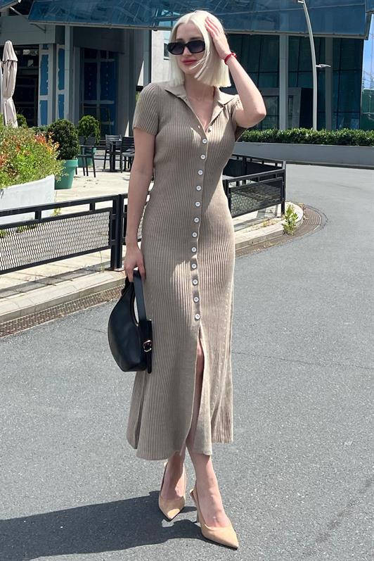 MDX Mink Buttoned V-Neck Long Knit Dress MG2078 - Odesa