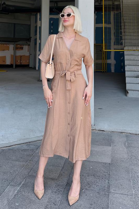 MDX Camel Shirt Collar Pocket Detailed Buttoned Long Dress MG2083 - Edinburg