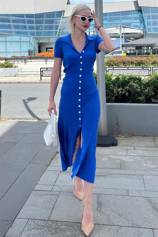 MDX Blue Buttoned V-Neck Long Knit Dress MG2078 - Aurich