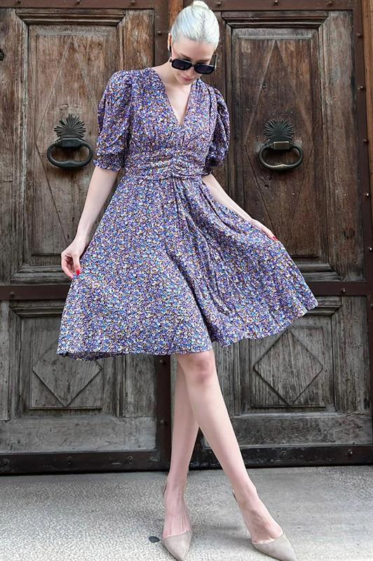 MDX Purple Flower Patterned Watermelon Sleeve Mini Dress MG1716 - Zákynthos