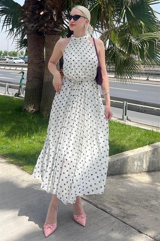 MDX Broken White Polka Dot Sleeveless Halter Neck Dress MG2134 - Constanţa