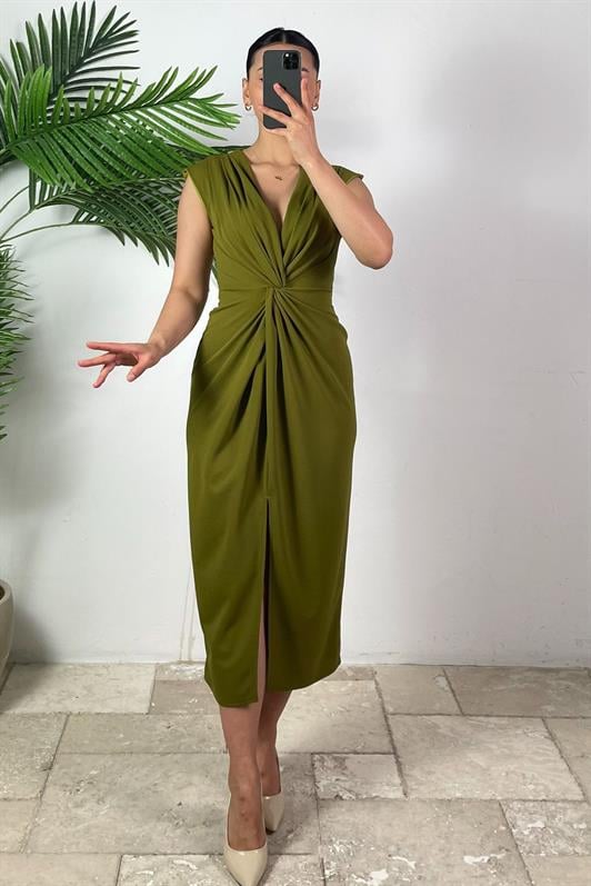 MDX Oil Green Slit Detailed Double Breasted Collar Women's Dress Mg2417 - Viareggio