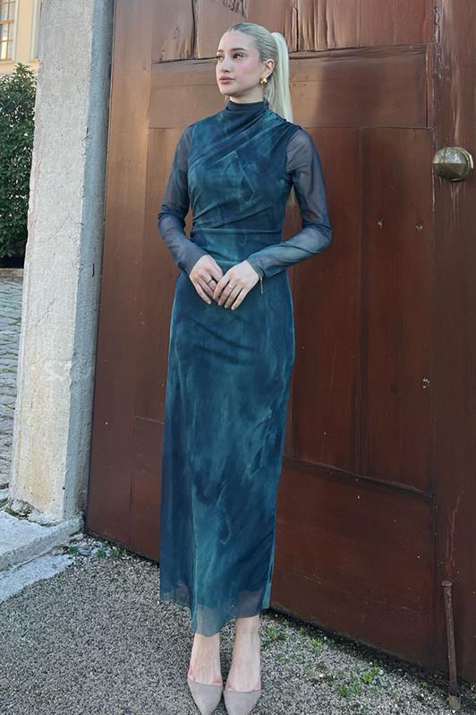 MDX Green Patterned Long Sleeve Tulle Dress MG2008 - Fort Wayne