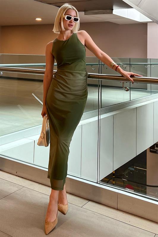 MDX Green Patterned Mesh High Neck Maxi Dress MG2097 - Roseville