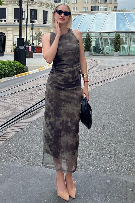 MDX Haki Patterned Mesh High Neck Maxi Dress MG2097 - Anchorage