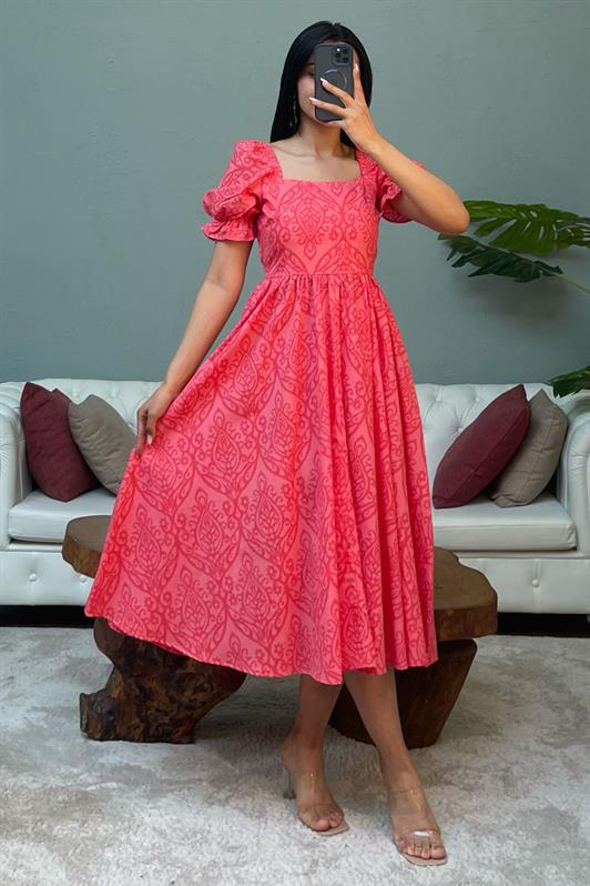 MDX Red Balloon Sleeve Patterned Midi Length Women's Dress Mg2419 - Salisbury
