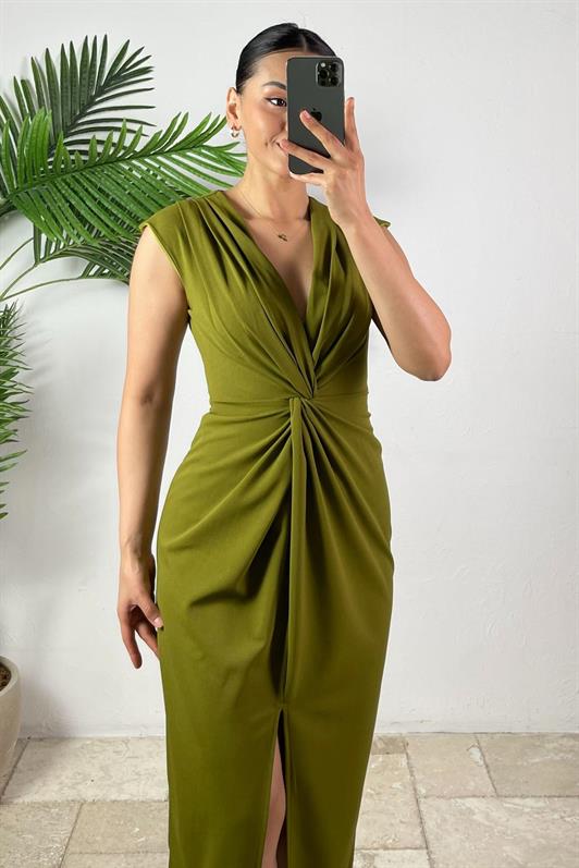 MDX Oil Green Slit Detailed Double Breasted Collar Women's Dress Mg2417 - Viareggio