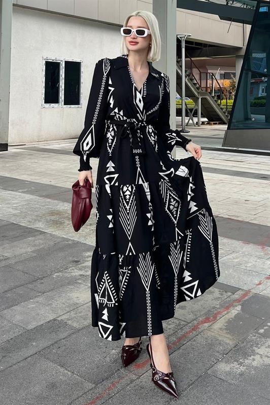 MDX Siyah/Beyaz Desenli Kruvaze Yaka Uzun Kadın Elbise MG2052 - Montauban