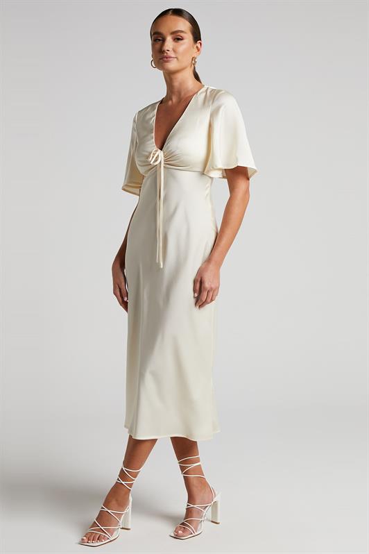 MDX Beige Midi Length Short Sleeve Satin Dress MG2013 - Long Beach