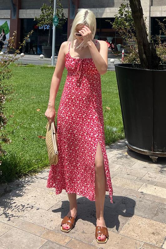MDX Red Patterned Strappy Long Dress MG2025 - Rosenberg