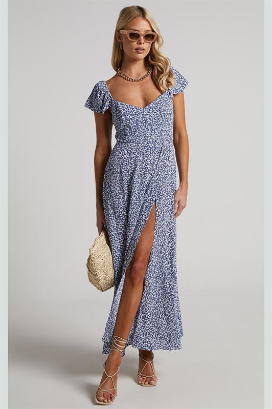 MDX Blue Patterned Slit Long Dress MG2004 - Trofa