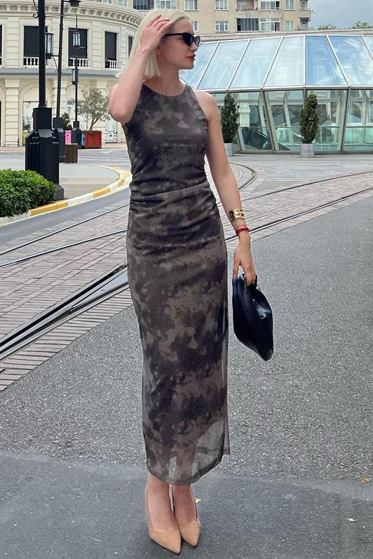 MDX Haki Patterned Mesh High Neck Maxi Dress MG2097 - Anchorage