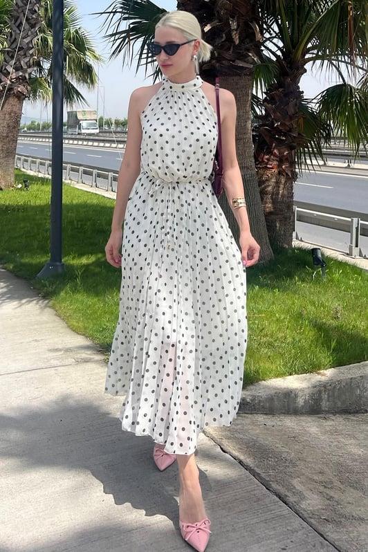 MDX Broken White Polka Dot Sleeveless Halter Neck Dress MG2134 - Constanţa